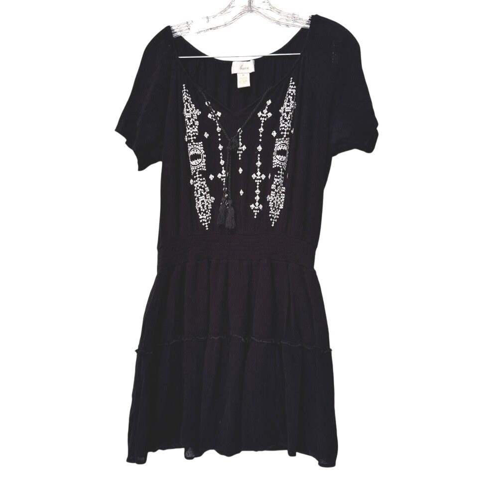 Braeve Womens Black Embroidered Boho Tassel Mini Dress‎ Smocked Waist Size M